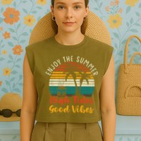 Enjoy The Summer High Tides Good Vibes Garment-Dyed Women's Muscle Tee