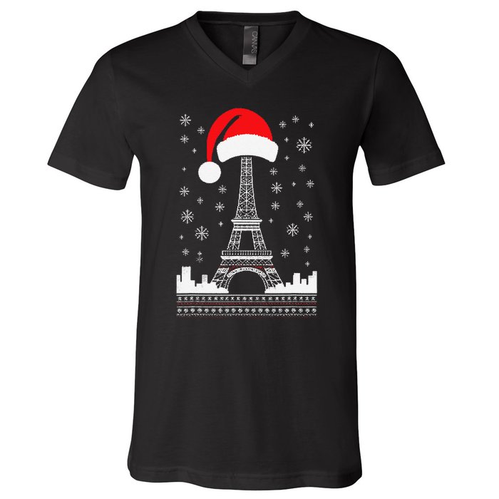 Eiffel Tower Santa Hat Funny Vintage Paris Ugly Christmas V-Neck T-Shirt