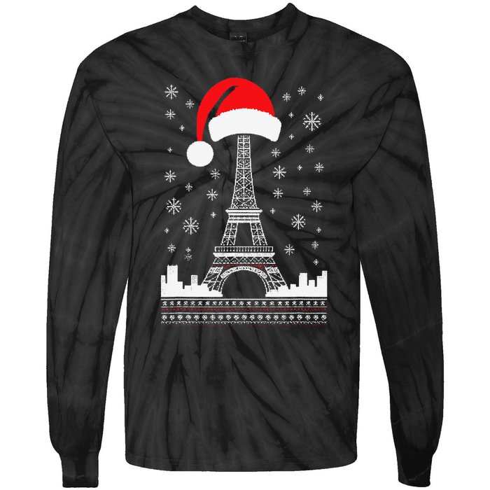 Eiffel Tower Santa Hat Funny Vintage Paris Ugly Christmas Tie-Dye Long Sleeve Shirt