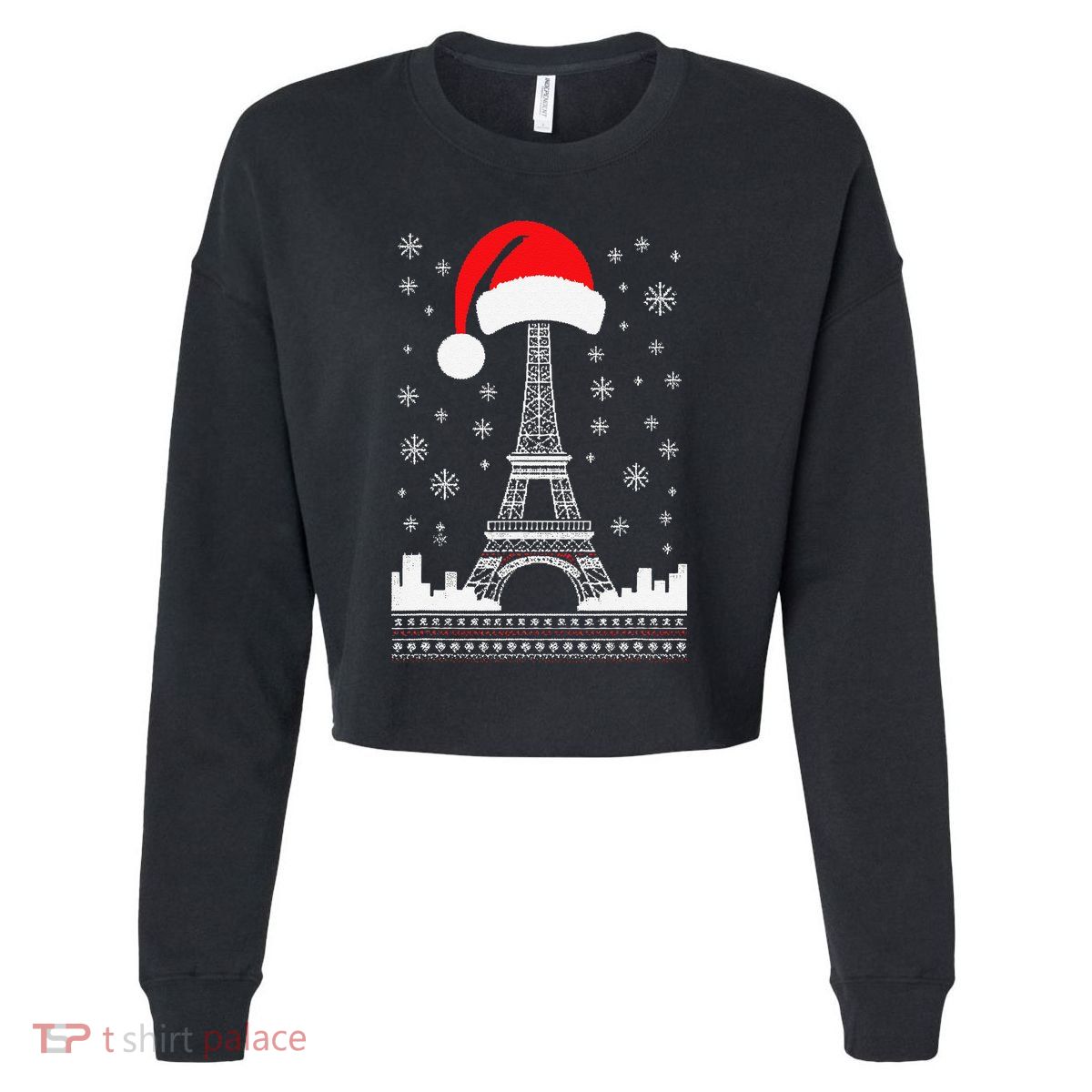 Eiffel Tower Santa Hat Funny Vintage Paris Ugly Christmas Cropped Pullover Crew