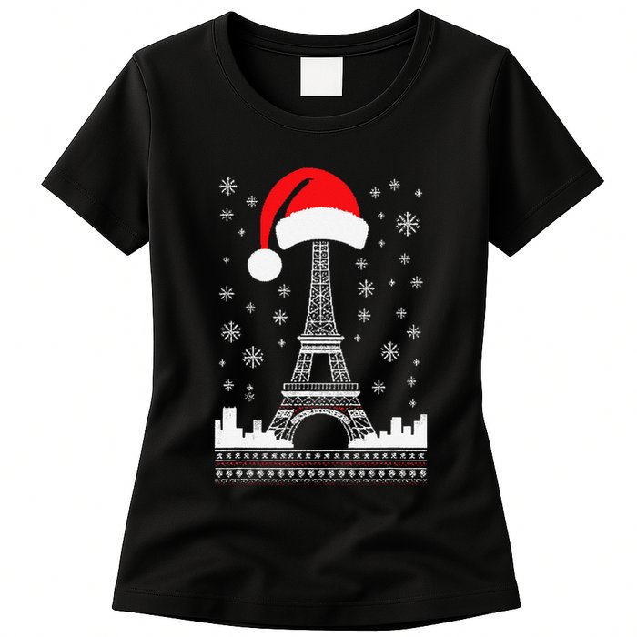 Eiffel Tower Santa Hat Funny Vintage Paris Ugly Christmas Womens T-Shirt