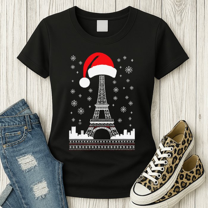 Eiffel Tower Santa Hat Funny Vintage Paris Ugly Christmas Womens T-Shirt