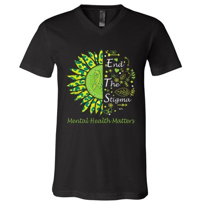 End The Stigma Mental Health Matters Ribbon Awareness Gifts V-Neck T-Shirt