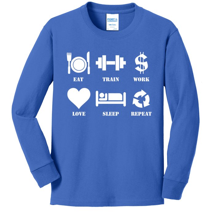 Eat Train Work Love Sleep Repeat Gift Motivational Gym Gift Kids Long Sleeve Shirt