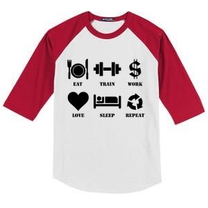 Eat Train Work Love Sleep Repeat Gift Motivational Gym Gift Kids Colorblock Raglan Jersey