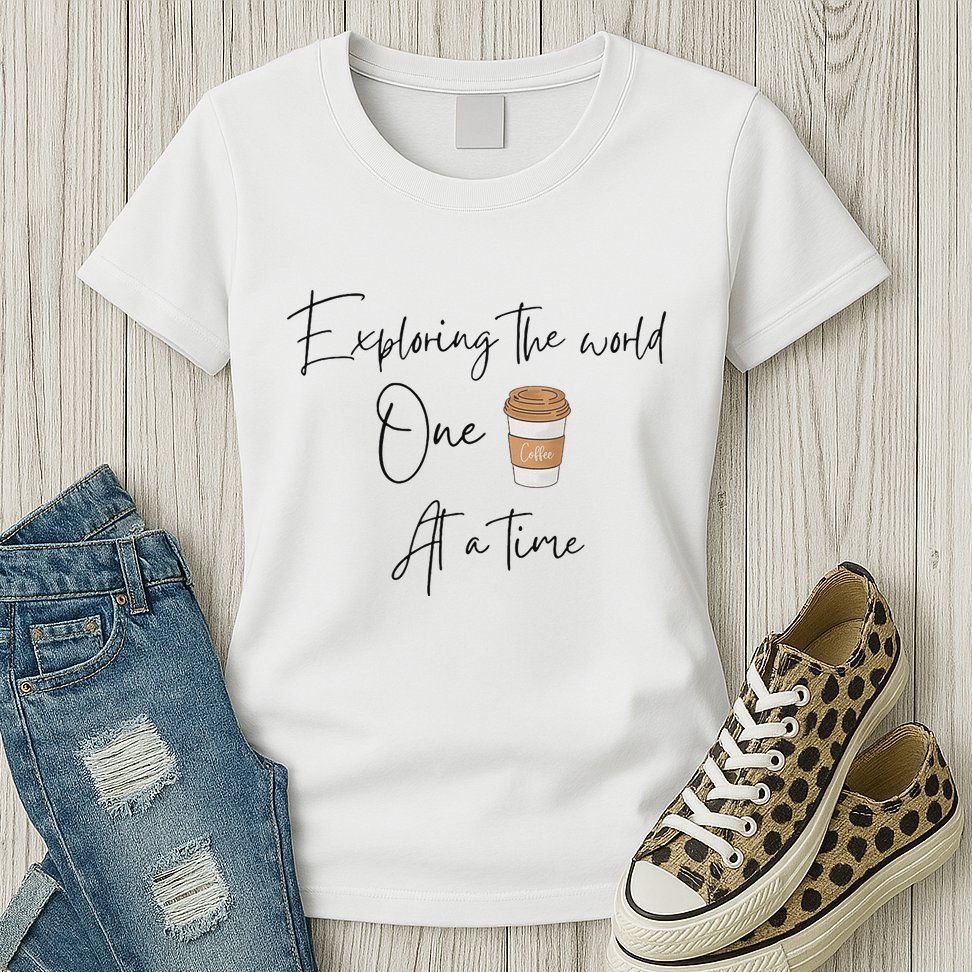 Exploring The World One Coffee At A Time For Travel Lovers Womens T-Shirt