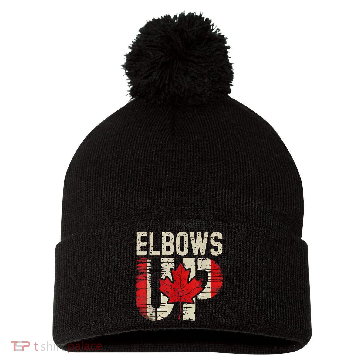 Elbows Up Canada Canadian Flag Retro Elbows Up Pom Pom 12in Knit Beanie