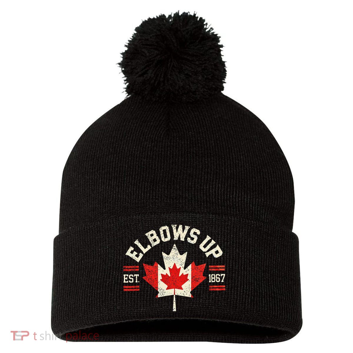 Elbows Up Canada Est 1867 Canadian Strong Canada Pom Pom 12in Knit Beanie