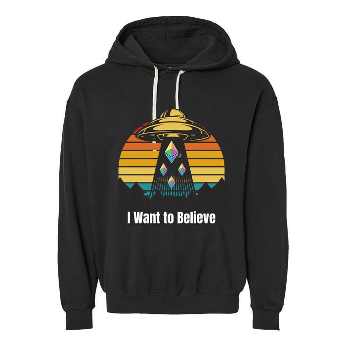 Ethereum UFO Encounter Retro Sunset, I Want To Believe Crypto Garment-Dyed Fleece Hoodie