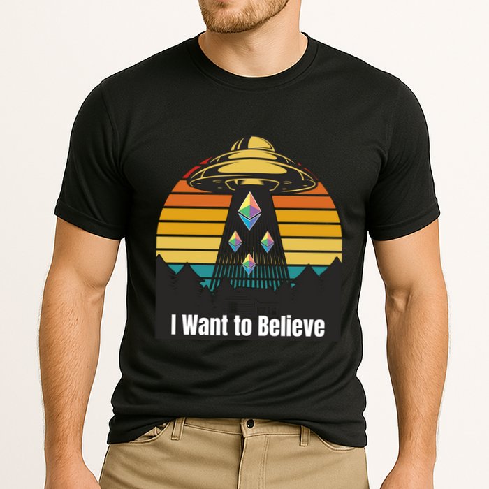 Ethereum UFO Encounter Retro Sunset, I Want To Believe Crypto Performance Shirt