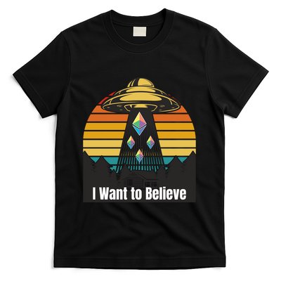 Ethereum UFO Encounter Retro Sunset, I Want To Believe Crypto T-Shirt