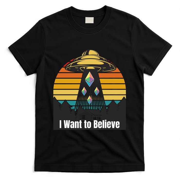Ethereum UFO Encounter Retro Sunset, I Want To Believe Crypto T-Shirt