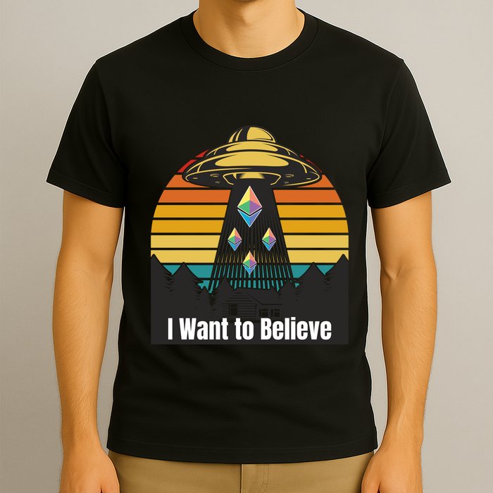 Ethereum UFO Encounter Retro Sunset, I Want To Believe Crypto T-Shirt