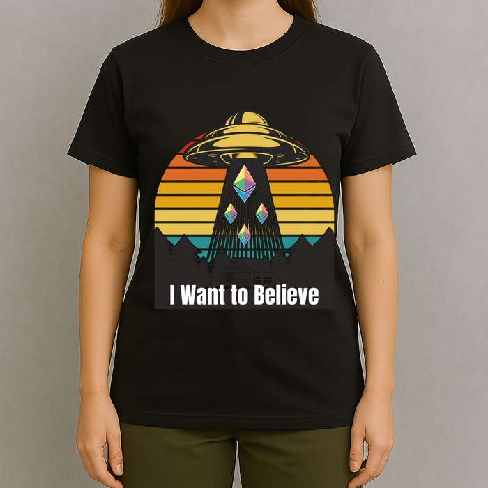 Ethereum UFO Encounter Retro Sunset, I Want To Believe Crypto T-Shirt