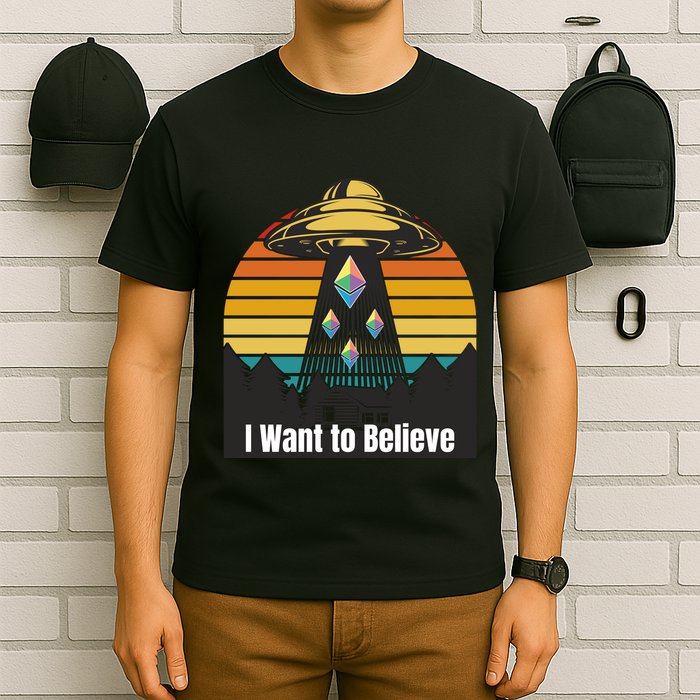 Ethereum UFO Encounter Retro Sunset, I Want To Believe Crypto T-Shirt
