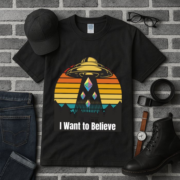 Ethereum UFO Encounter Retro Sunset, I Want To Believe Crypto Tall T-Shirt