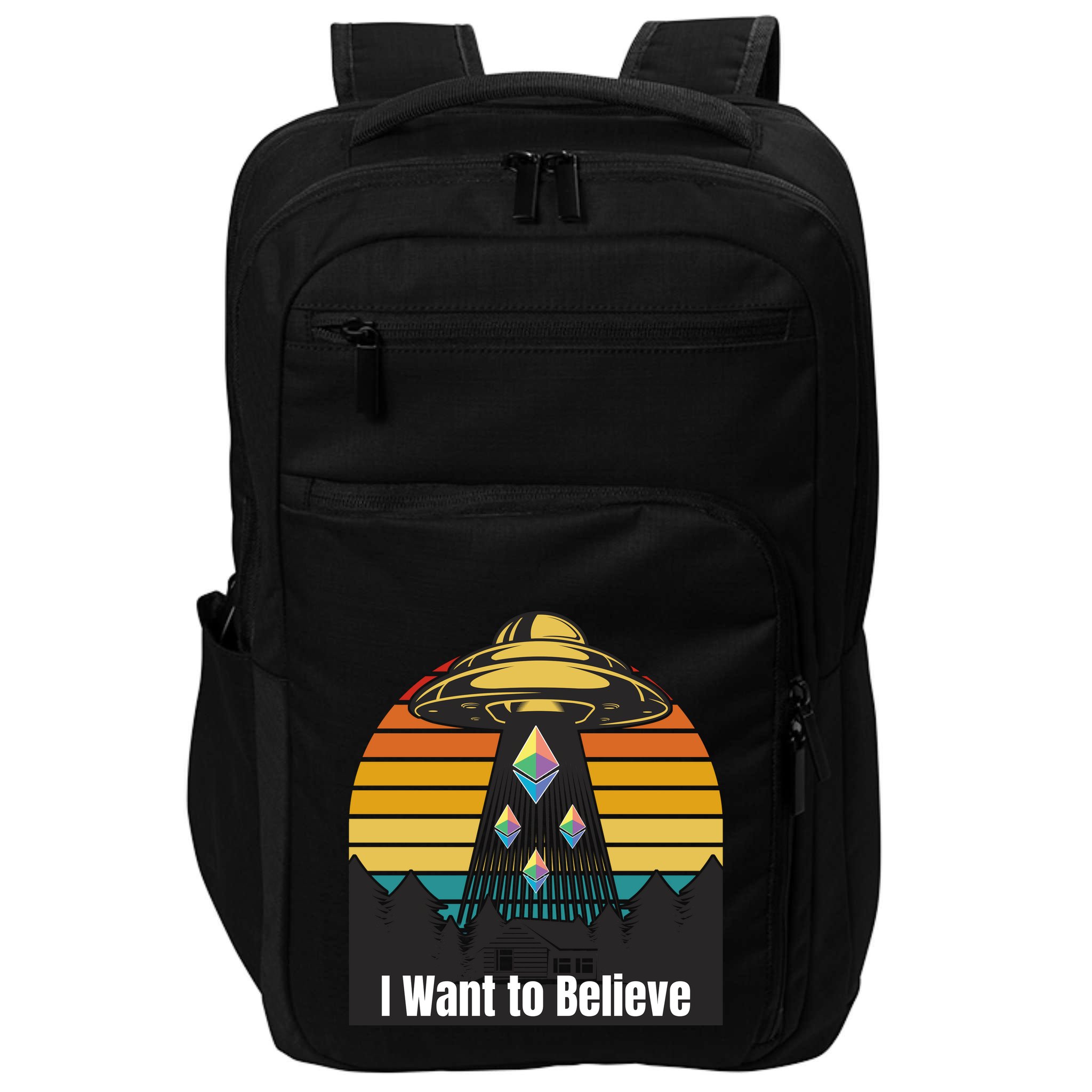 Ethereum UFO Encounter Retro Sunset, I Want To Believe Crypto Impact Tech Backpack