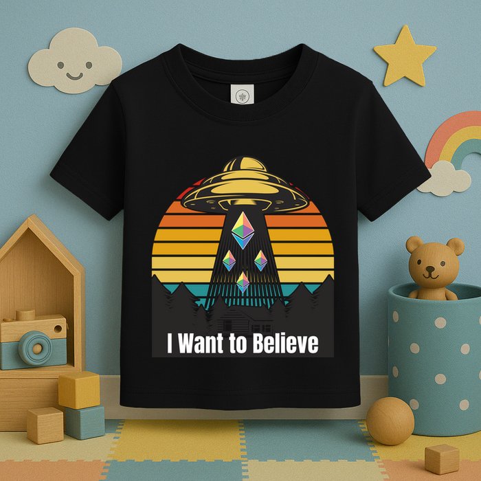 Ethereum UFO Encounter Retro Sunset, I Want To Believe Crypto Toddler T-Shirt