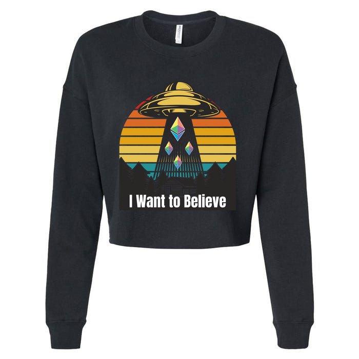 Ethereum UFO Encounter Retro Sunset, I Want To Believe Crypto Cropped Pullover Crew