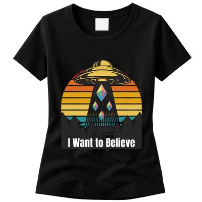 Ethereum UFO Encounter Retro Sunset, I Want To Believe Crypto Womens T-Shirt