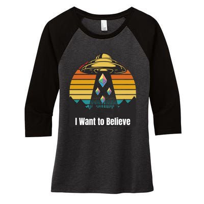 Ethereum UFO Encounter Retro Sunset, I Want To Believe Crypto Women's Tri-Blend 3/4-Sleeve Raglan Shirt