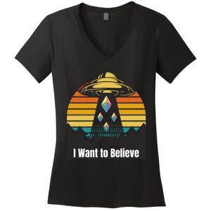 Ethereum UFO Encounter Retro Sunset, I Want To Believe Crypto Women's V-Neck T-Shirt