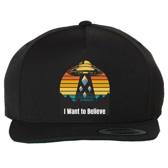 Ethereum UFO Encounter Retro Sunset, I Want To Believe Crypto Wool Snapback Cap