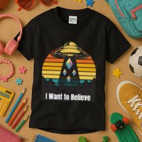 Ethereum UFO Encounter Retro Sunset, I Want To Believe Crypto Kids T-Shirt