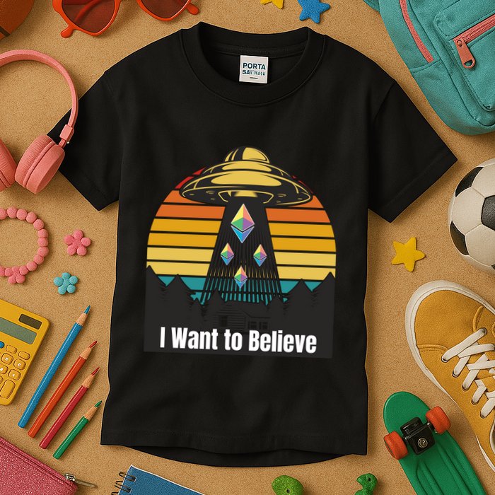 Ethereum UFO Encounter Retro Sunset, I Want To Believe Crypto Kids T-Shirt