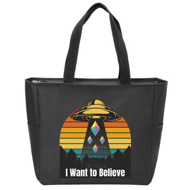 Ethereum UFO Encounter Retro Sunset, I Want To Believe Crypto Zip Tote Bag