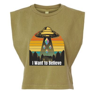 Ethereum UFO Encounter Retro Sunset, I Want To Believe Crypto Garment-Dyed Women's Muscle Tee