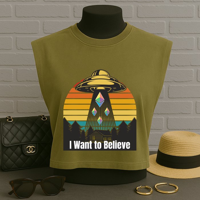 Ethereum UFO Encounter Retro Sunset, I Want To Believe Crypto Garment-Dyed Women's Muscle Tee
