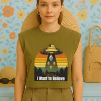 Ethereum UFO Encounter Retro Sunset, I Want To Believe Crypto Garment-Dyed Women's Muscle Tee