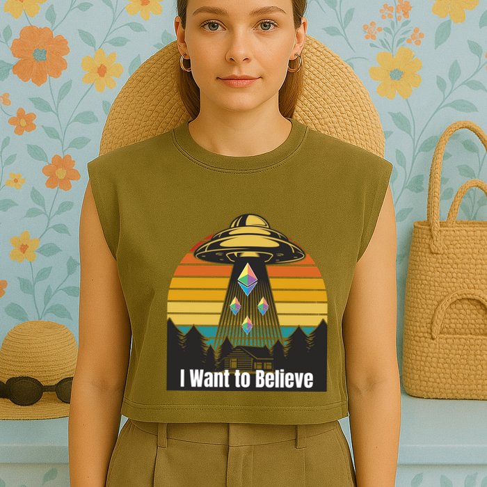 Ethereum UFO Encounter Retro Sunset, I Want To Believe Crypto Garment-Dyed Women's Muscle Tee