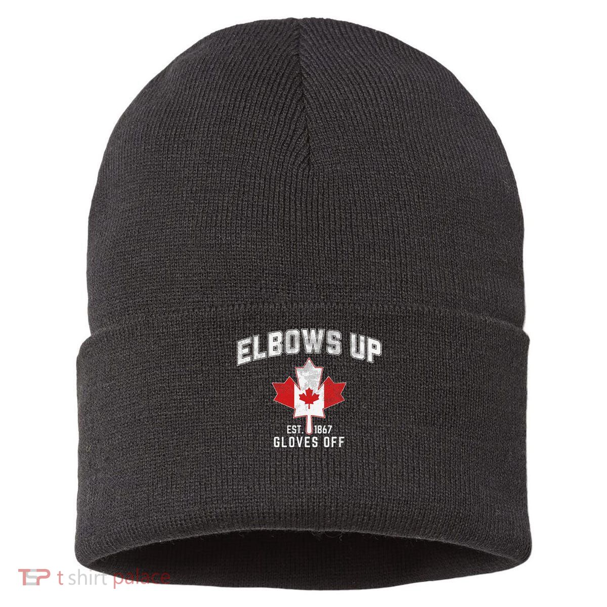 Elbows Up EST 1867 Canadian Maple Leaf Canada Gift Sustainable Knit Beanie