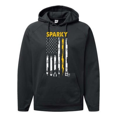 Electrician Us Flag Sparky Tools Performance Fleece Hoodie