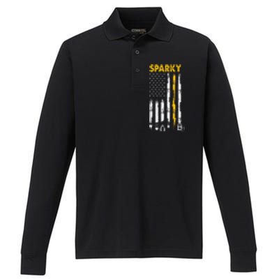 Electrician Us Flag Sparky Tools Performance Long Sleeve Polo