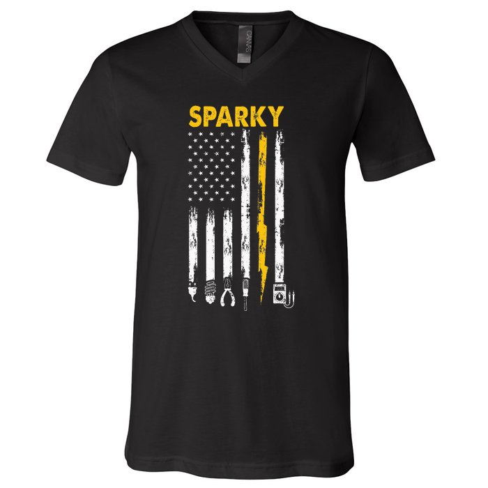 Electrician Us Flag Sparky Tools V-Neck T-Shirt