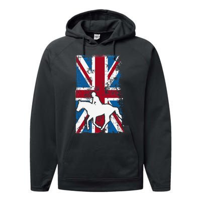 Equestrian Uk Flag United Kingdom Horse Silhouette Performance Fleece Hoodie