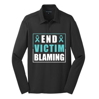 End Victim Blaming Sexual Assault Awareness Ribbon Great Gift Silk Touch Performance Long Sleeve Polo