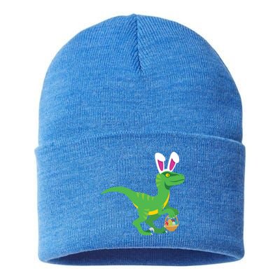 Easter Velicoraptor Dinosaur With Bunny Rabbit Ears Cool Gift Sustainable Knit Beanie