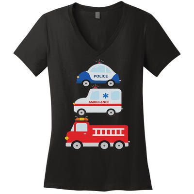 Emergency Vehicles Fire Truck Police Car Ambulance Cars Women's V-Neck T-Shirt