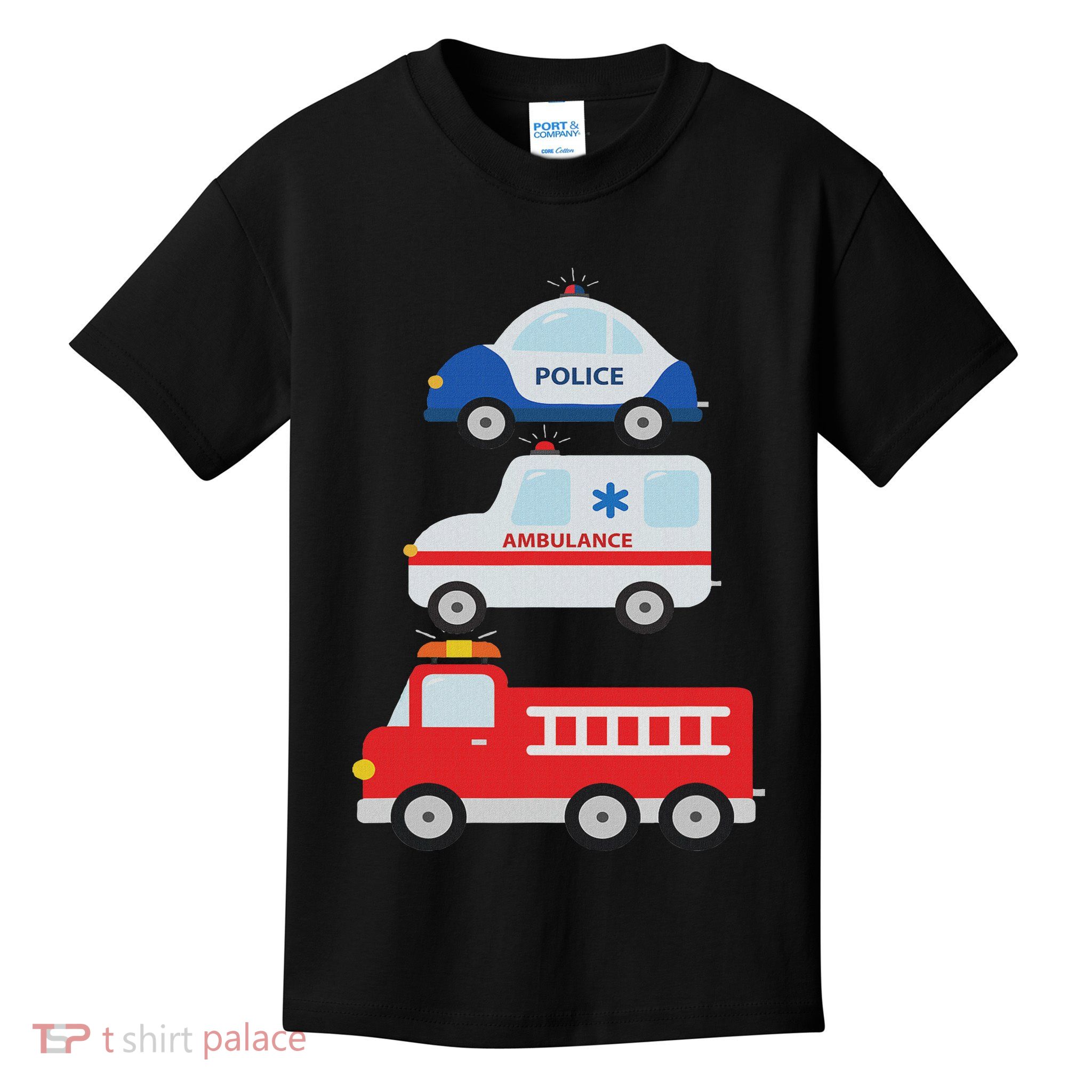 Emergency Vehicles Fire Truck Police Car Ambulance Cars Kids T-Shirt