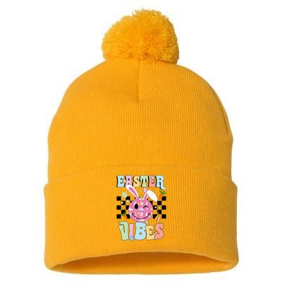 Easter Vibes Smiles Happy Face Bunny Pom Pom 12in Knit Beanie