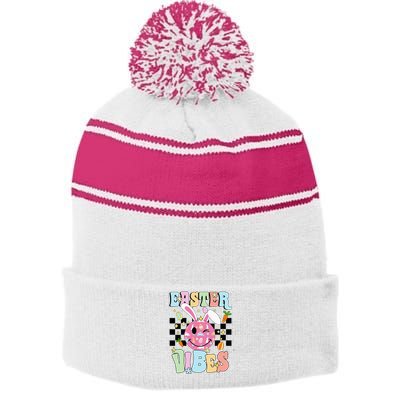 Easter Vibes Smiles Happy Face Bunny Stripe Pom Pom Beanie