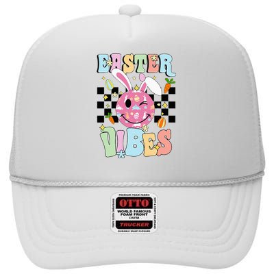 Easter Vibes Smiles Happy Face Bunny High Crown Mesh Back Trucker Hat