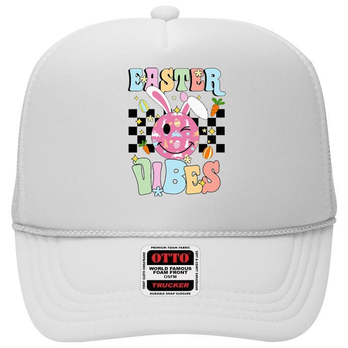 Easter Vibes Smiles Happy Face Bunny High Crown Mesh Back Trucker Hat