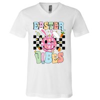 Easter Vibes Smiles Happy Face Bunny Happy Easter V-Neck T-Shirt