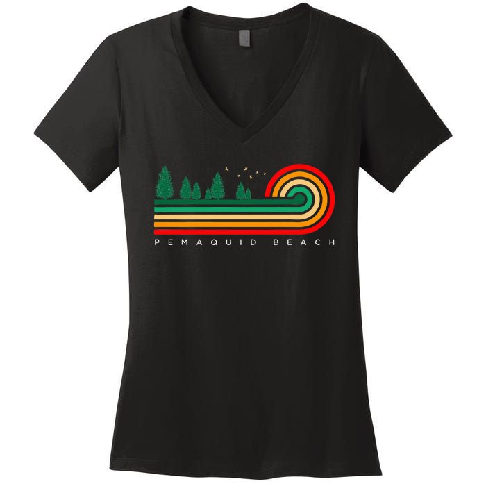 Evergreen Vintage Stripes Pemaquid Beach Maine Women's V-Neck T-Shirt