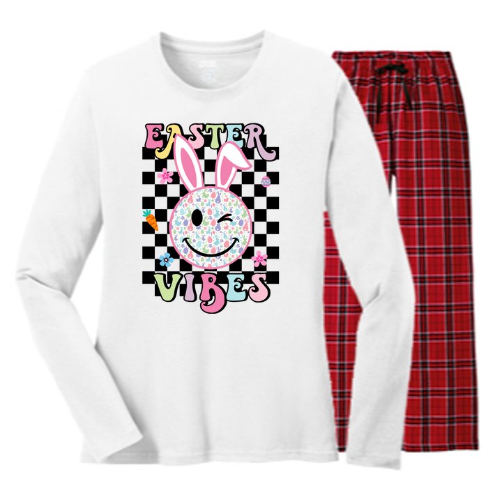 Easter Vibes Smiles Happy Face Bunny Happy Easter Women's Long Sleeve Flannel Pajama Set 